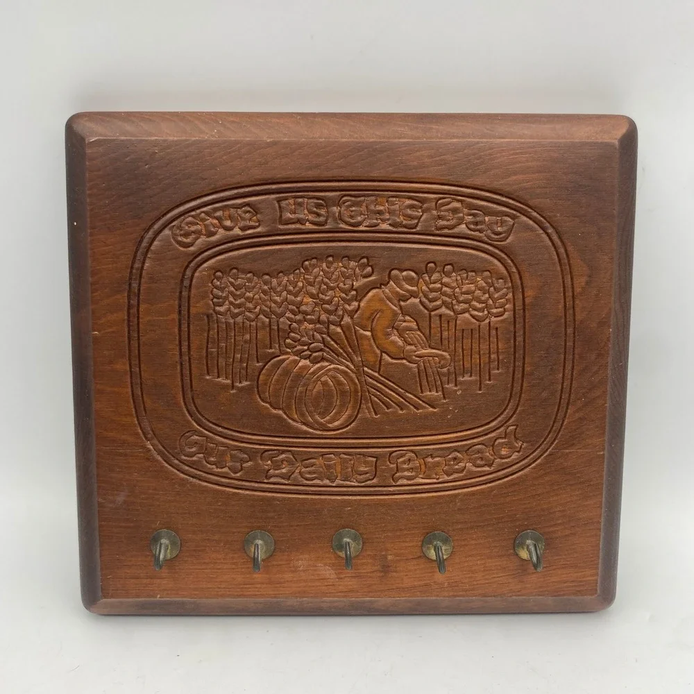Vintage Carved Wood Give Us This Day Our Daily Bread Wall Plaque Key Hook Rack